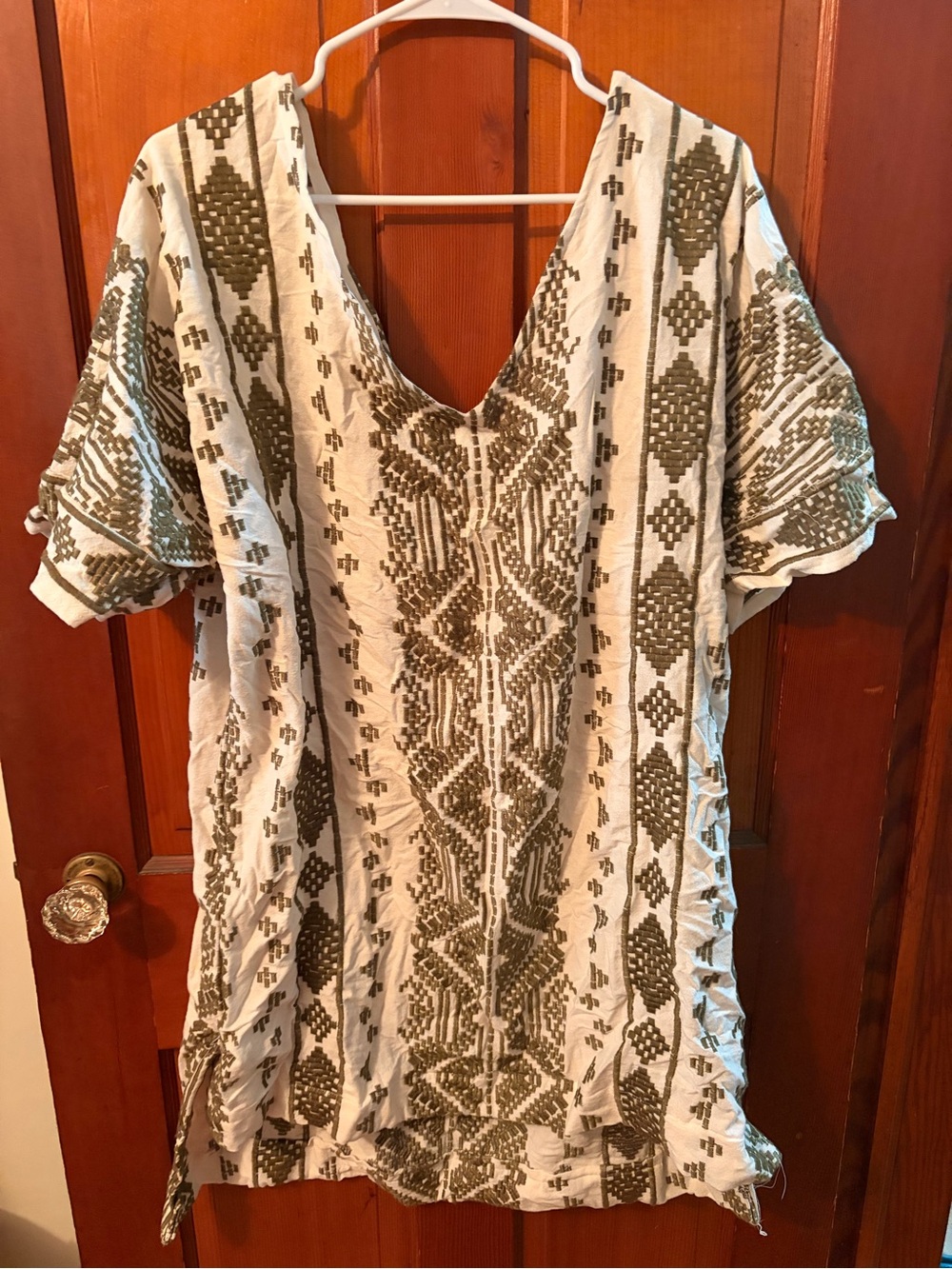 Embroidered V-Neck Women’s Top in Olive and Cream